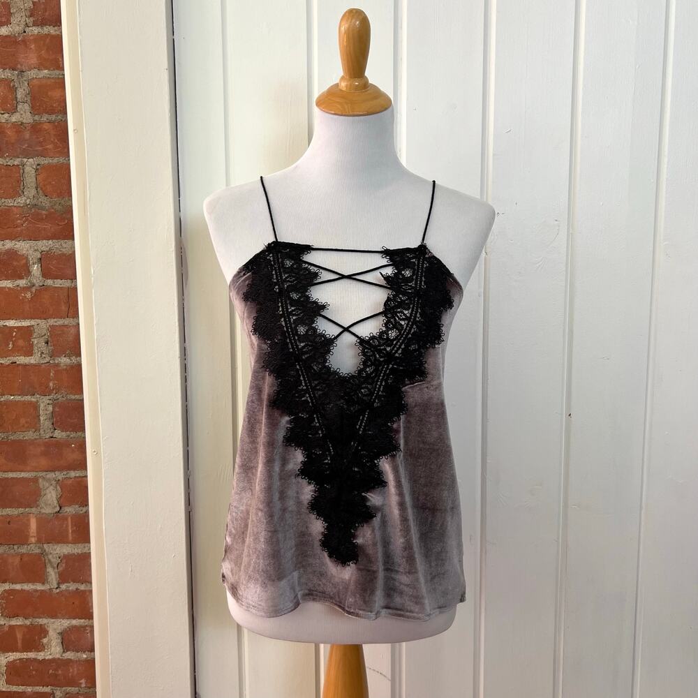AMT Velvet Camisole Tank Top Small Taupe Black Lace Criss Cross Neck Stretch